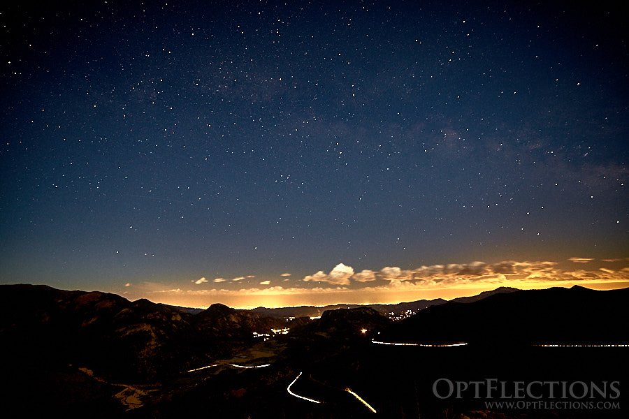 Milky Way above Estes Park with the Alluvial Fan and Trail Ridge Road