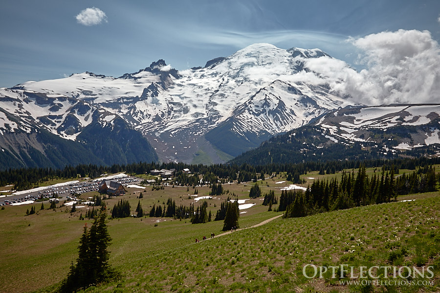 Mt. Rainier rises above Sunrise Visitor Center